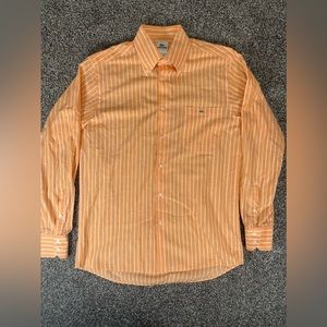 Lacoste Mens Size 40 Button Up Shirt Orange White Stripes Cotton Pointed Collar